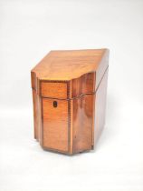 George III Inlaid walnut knife box, the serpentine shaped box with hinged top enclosing fitted