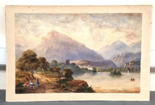 J. U. Champoilii. Lakeland view with figures and boats. Watercolour and gouache. Signed. 44cm x