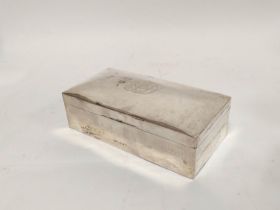 Silver cigarette box, monogrammed, Birmingham 1898. 18cm.