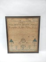 Regency needlepoint sampler with alphabet worked by Jane Gibron aged 12, Dated 1823, 29cm x 25cm.