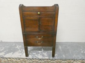 George III inlaid gentleman's mahogany night stand with shaped gallery top above single drawer and