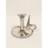 Silver chamber candlestick, circular with reeded edges, candle saver and snuffer by Peter and Anne