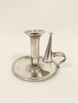 Silver chamber candlestick, circular with reeded edges, candle saver and snuffer by Peter and Anne