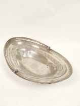 Silver cake basket, oval with engraved bands and reeded edge, monogrammed, by John Emes 1799,