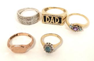 9ct gold ring with tiny diamond border 'Dad' and four others.