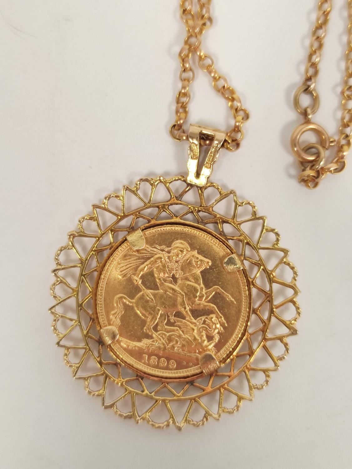 Sovereign 1899, 9ct. gold detachable pendant mount and necklet 54cm, gross 18g. - Image 4 of 5