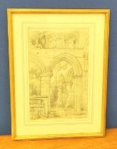 Samuel Prout. "Lanercost", interior of the ruins of Lanercost Priory. Pencil drawing. Signed. 40cm x