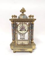Late 19th century French gilt brass and champleve enamel four glass mantel clock, with flowerhead