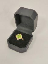 Diamond and peridot square cluster ring in 9ct. gold, size 'P'.