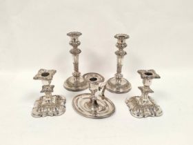 Pair of old Sheffield plated table candlesticks c1810, 21cm, and a pair of dwarf candlesticks,