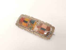 Victorian parquetry Scotch Pebble brooch, rectangular, with engraved silver mount. C1880 72mm x