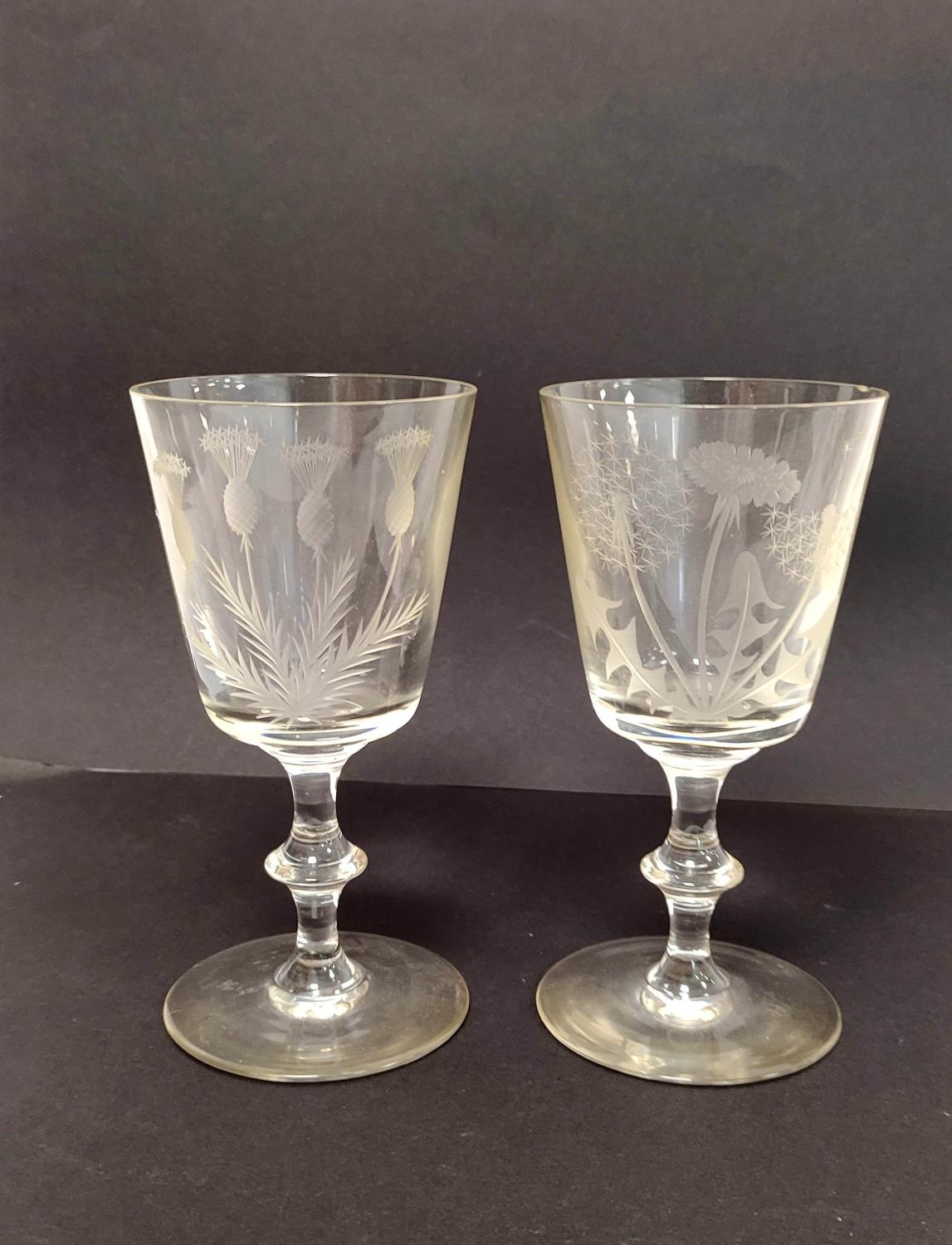Pair of Georgian style glass rummers, with etched thistles to the bowl, on knopped stem and
