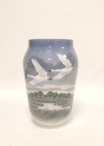 Royal Copenhagen vase depicting a coastal scene with flying geese, decorators initials ZN with shape