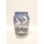 Royal Copenhagen vase depicting a coastal scene with flying geese, decorators initials ZN with shape