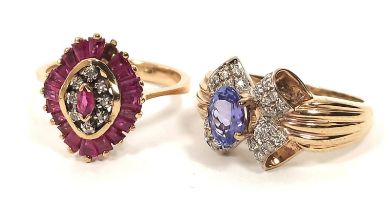 Ruby and diamond marquise ring in 9ct gold and a similar ring modelled as a bow '10k' 7g