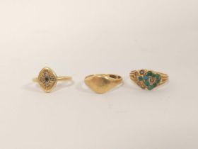 Gold ring with diamonds and sapphire '18' and another, both '18'. 5.4g and another with turquoise