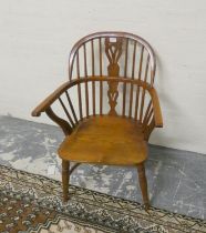 Victorian style yew and elm Windsor chair with hoop frame and spindle supports on turned legs with