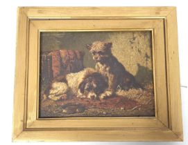 Vincent de Vos (Belgian, 1829-1875) Two terriers on an Eastern rug with basket and collar. Oil on