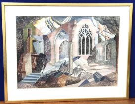 Augustus Lunn (1905-1986). Bombed church interior, World War II. Watercolour and gouache. Signed and