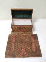 Victorian tooled domed stationery box, 16cm high, 24cm wide, with similar tooled blotter case. (2)