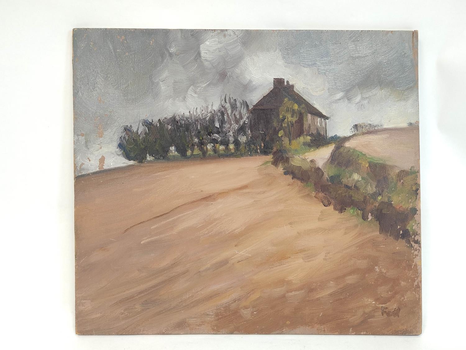Sheila Fell R.A. (1931-1979). Farmhouse on a lane between ploughed fields. Oil on panel. Signed " - Image 2 of 7