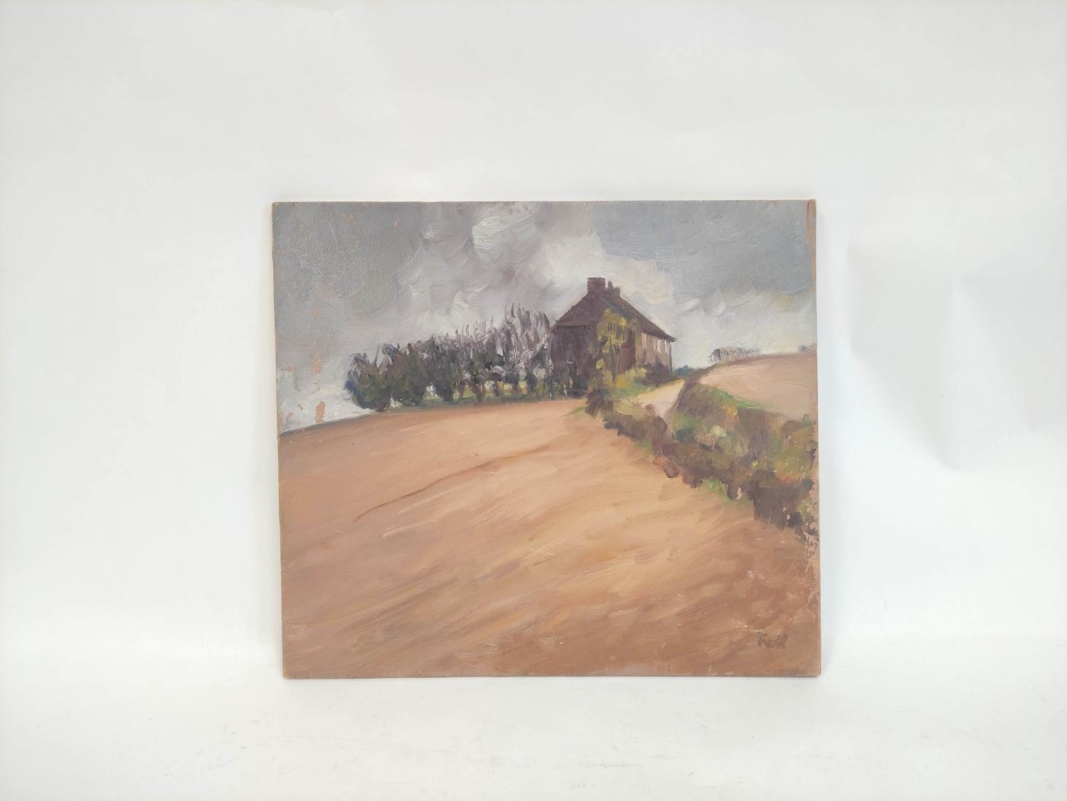 Sheila Fell R.A. (1931-1979). Farmhouse on a lane between ploughed fields. Oil on panel. Signed "