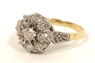 Diamond nine stone cluster ring in gold '18ct platinum' 1930's. Size 'K½'. 3.4g