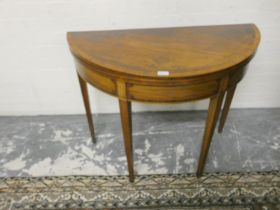 19th century George III style inlaid mahogany demi-lune tea table, inlaid to the top and frieze on