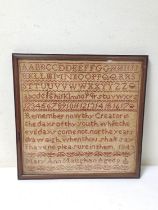 Early Victorian needlepoint sampler with alphabet and slogan worked by Mary Ann Maughan aged 9,