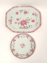 Chinese export famille rose serving dish circa late 18th century, with pink polychrome floral border