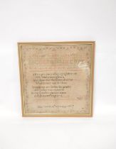 Regency needlepoint alphabet sampler worked by Jane Carrick 18th September 1807, above a hymn, 42.