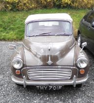 Motor car. Chocolate and cream soft top 1968 Morris Tourer series II model convertible Morris 1000