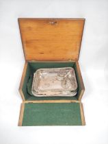 Pair of old Sheffield plated rectangular entrée dishes with gadrooned edges with covers, handles and