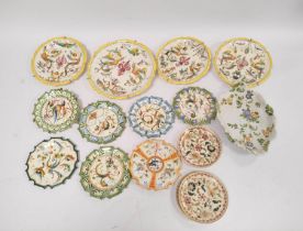 Group of Italian majolica wall plates in the manner of Cantigalli, to include examples monogrammed