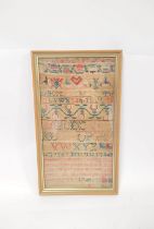 George II alphabet needlepoint sampler worked by Lydia Lowry 1740, 38cm x 20cm, later framed and