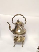 Victorian plated tea kettle of pear shape, on stand with lamp. C1880.