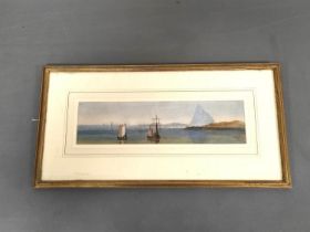 19th Century School. Shipping in an East Asian bay. Watercolour. 10cm x 37cm.