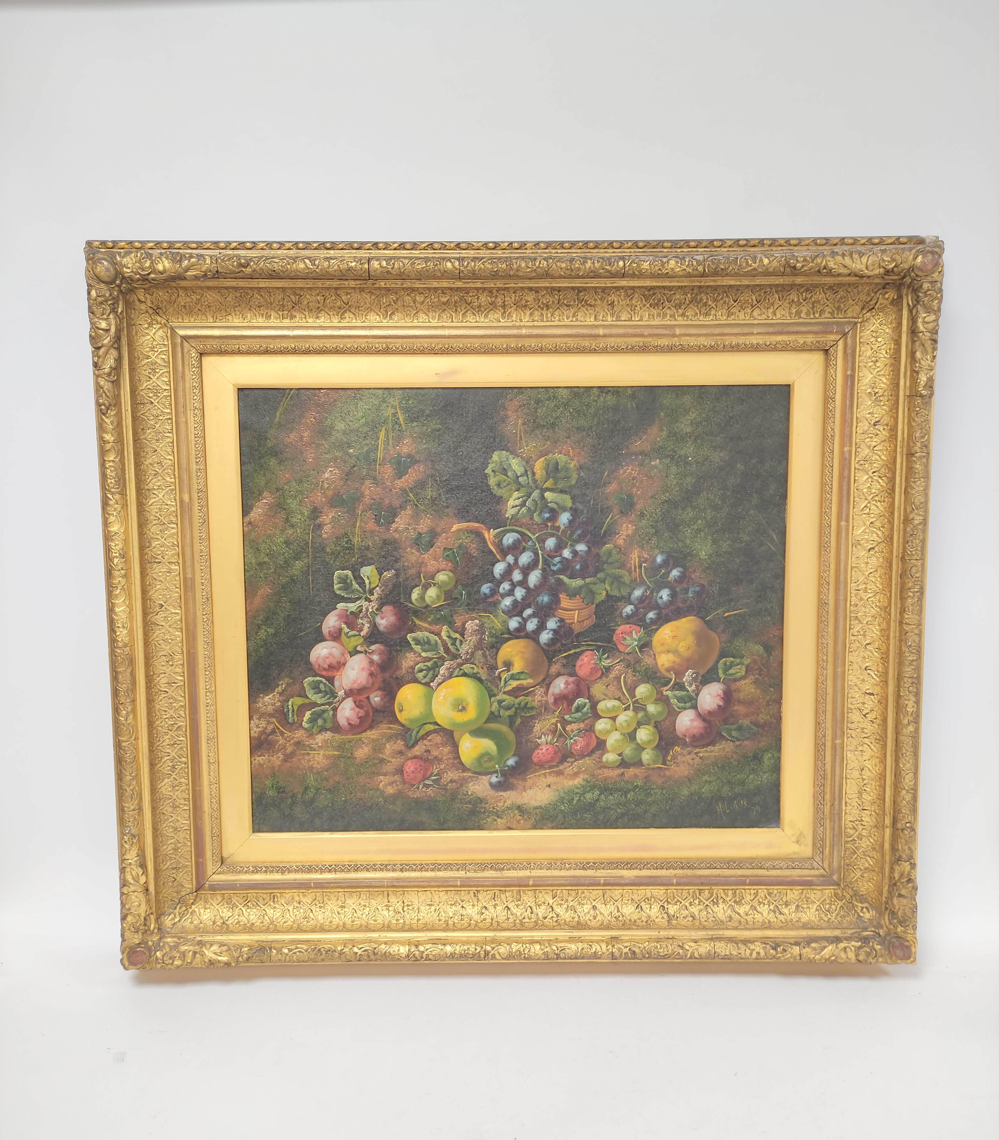 H. L. Wills Fruit against a mossy bank. Oil on canvas. Signed & dated (18)79. 49cms x 59cms.
