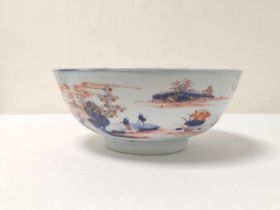 Chinese export 18th century porcelain bowl, in Imari colours with floral panel to the well, all-over