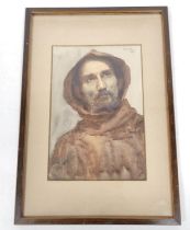 Mary Winfred Freeman (1866 - 1961) Characterful portrait of a friar in a brown habit. Watercolour.