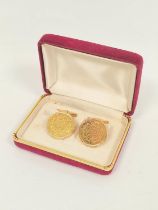 Pair of gold cufflinks, each with Saudi gold coin '22kt', 18ct.gold swivel backs.27g.