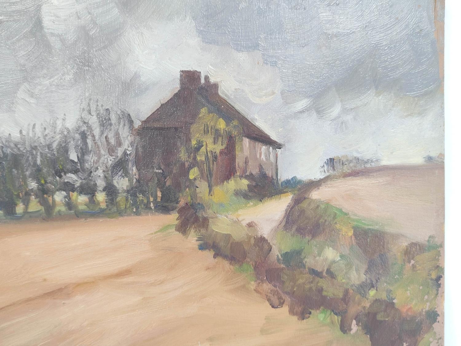 Sheila Fell R.A. (1931-1979). Farmhouse on a lane between ploughed fields. Oil on panel. Signed " - Image 3 of 7