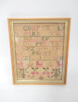 19th century needlepoint alphabet sampler worked by Rebecca Calvert, 23.5cm x 19cm, later framed and