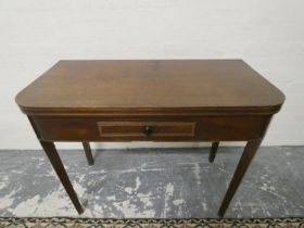 Georgian inlaid mahogany tea table with fold over top above small drawer on tapered supports 75cm