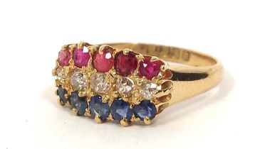 Three row diamond sapphire and ruby ring, in 18ct gold, 1909. 4.1g. Size 'M½'