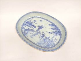 18th century Chinese export ware blue and white oval shallow dish c1780s with applied child and lady