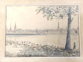 Artist Unknown. View of Riga from across the river. Watercolour. Inscribed and indistinctly