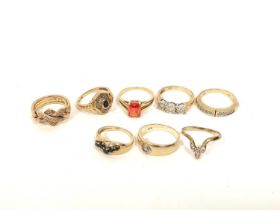 Two gem rings in gold '585' and six others 9ct. 22g gross