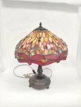 Tiffany style dragonfly stained glass table lamp on reeded bronze base. Height 65cm Shade diameter