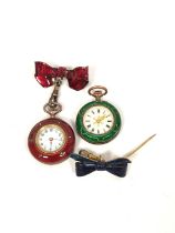 Two Geneva cylinder watches enamelled in wine, red and green, with a bow (3)